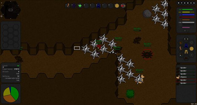 Spiders spinning webs across a cave, with an alpaca caught in them
